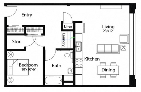 Floor plan for 1 bed, 1 bath, 780 sqft
